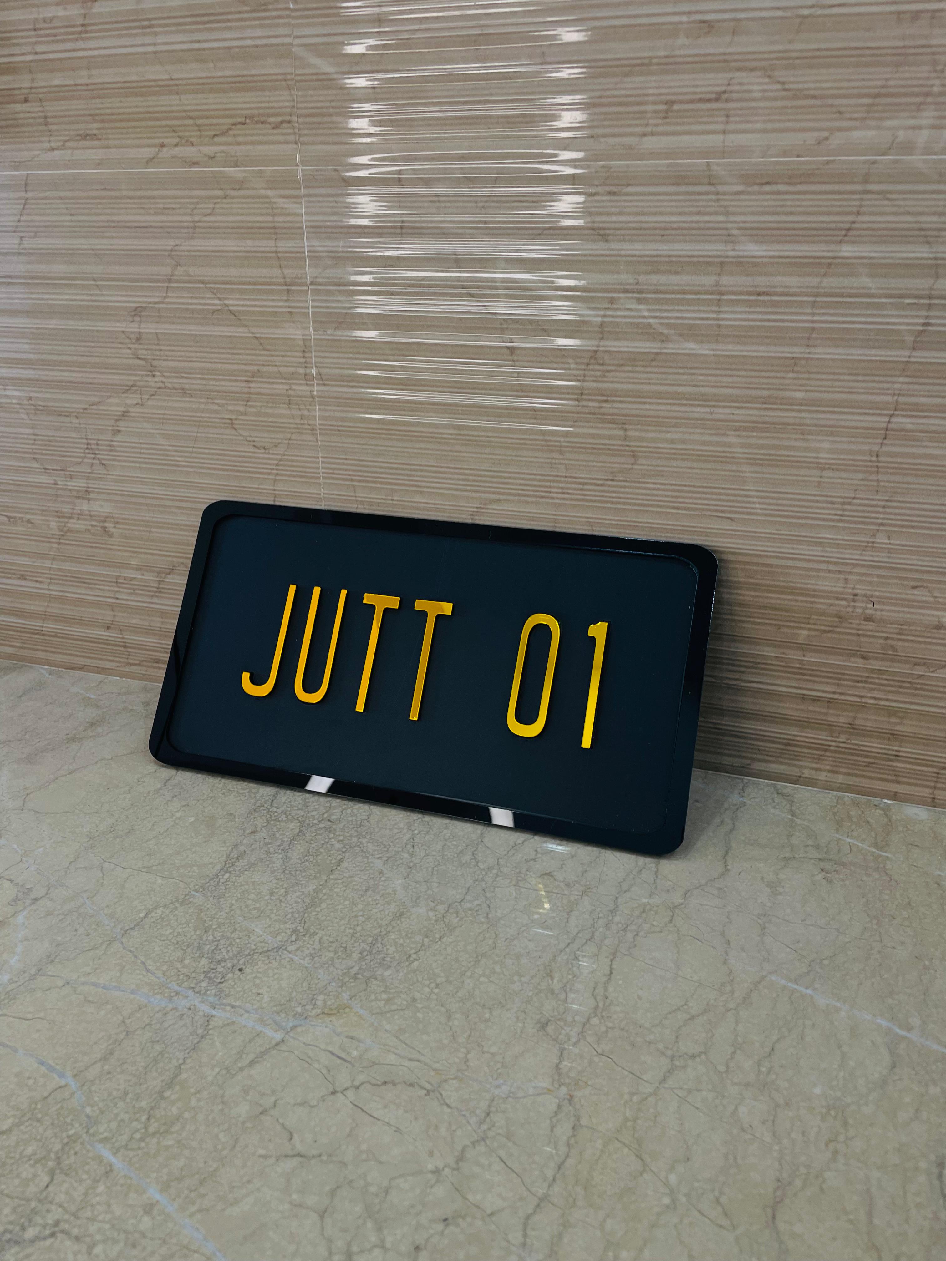 ⚡ Custom Aura Plate – “JUTT 01” Style 🚘 | 3D Yellow Acrylic Letters on Matte Black | Personalized Car & Room Name Plate ✨