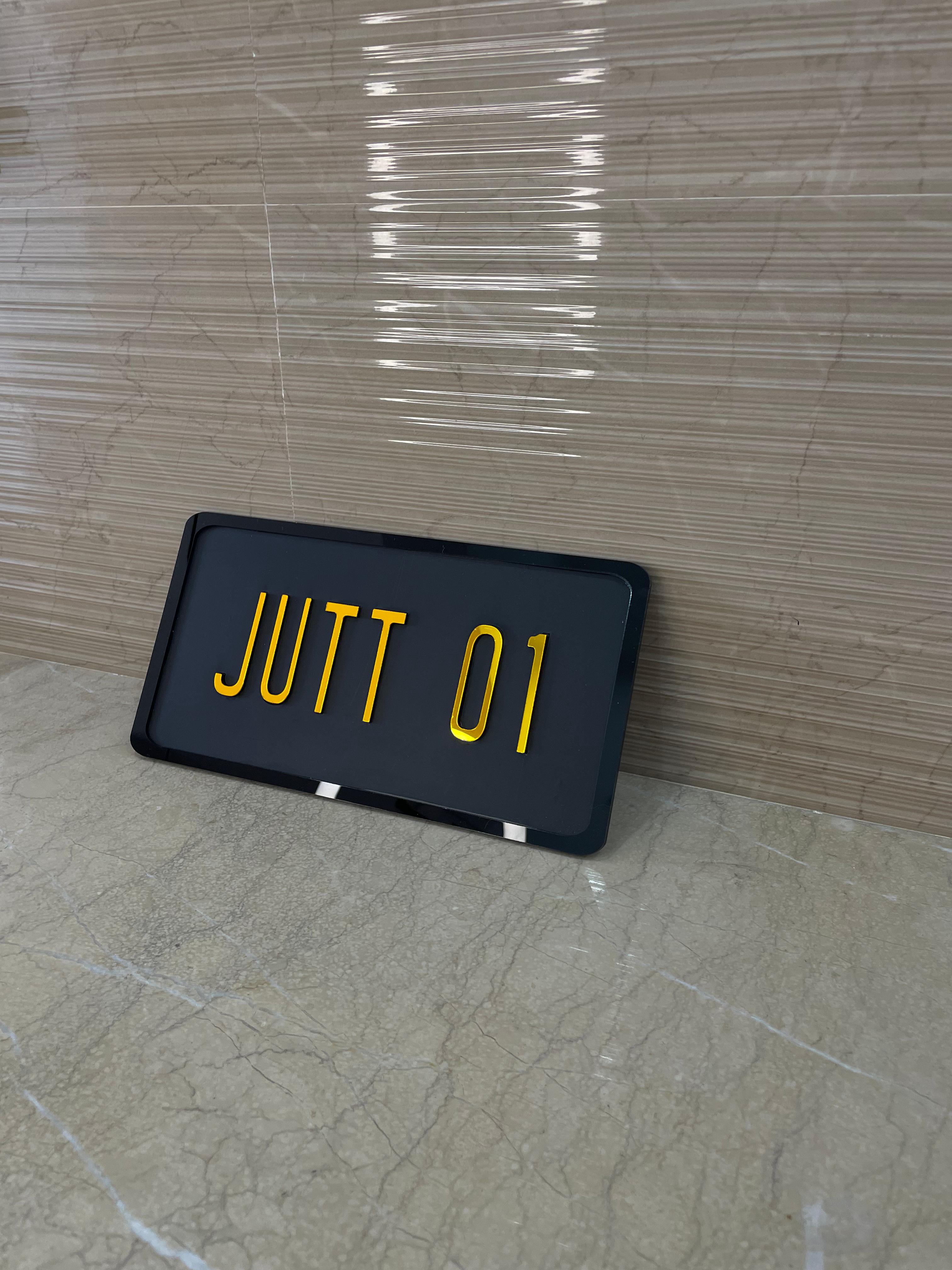⚡ Custom Aura Plate – “JUTT 01” Style 🚘 | 3D Yellow Acrylic Letters on Matte Black | Personalized Car & Room Name Plate ✨