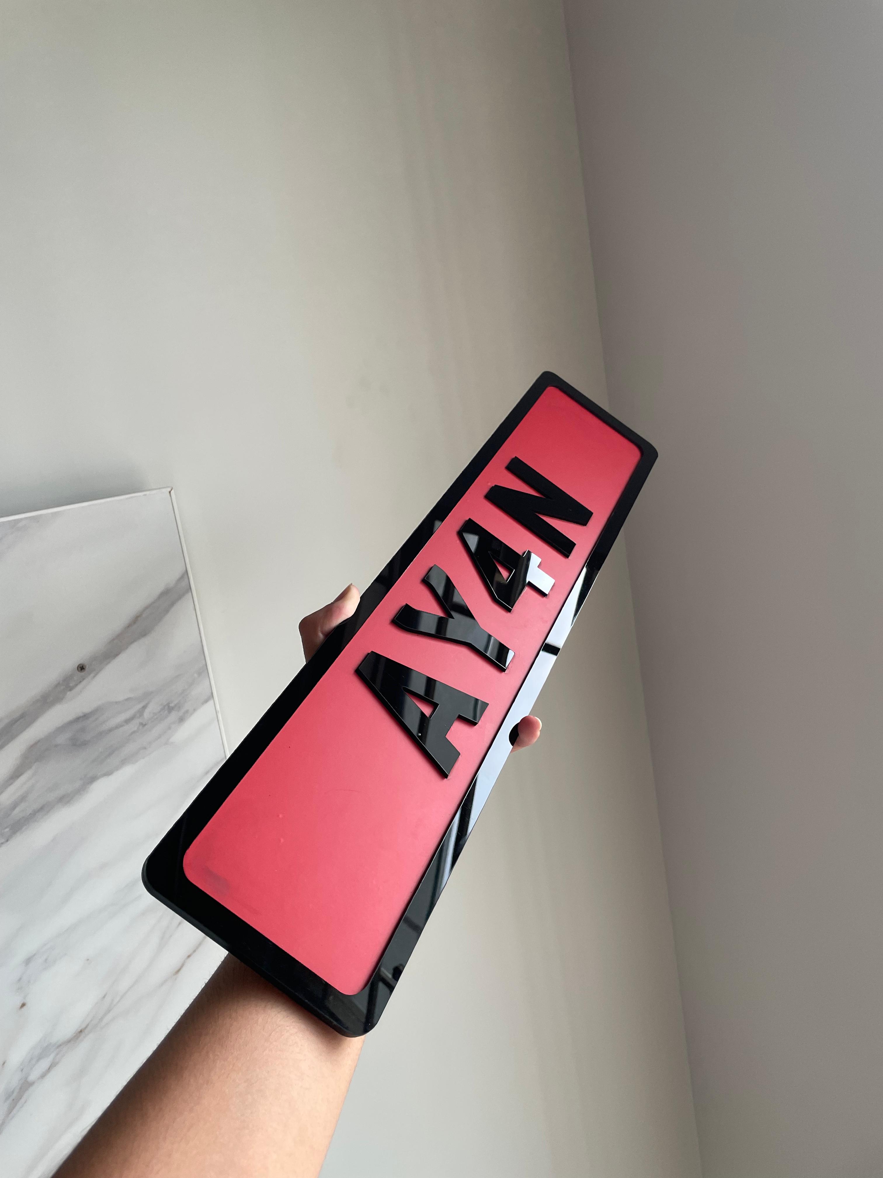 🔥 Custom Red Aura Number Plate – Bold 3D Black Text | Personalized Car Name Plate 🚘