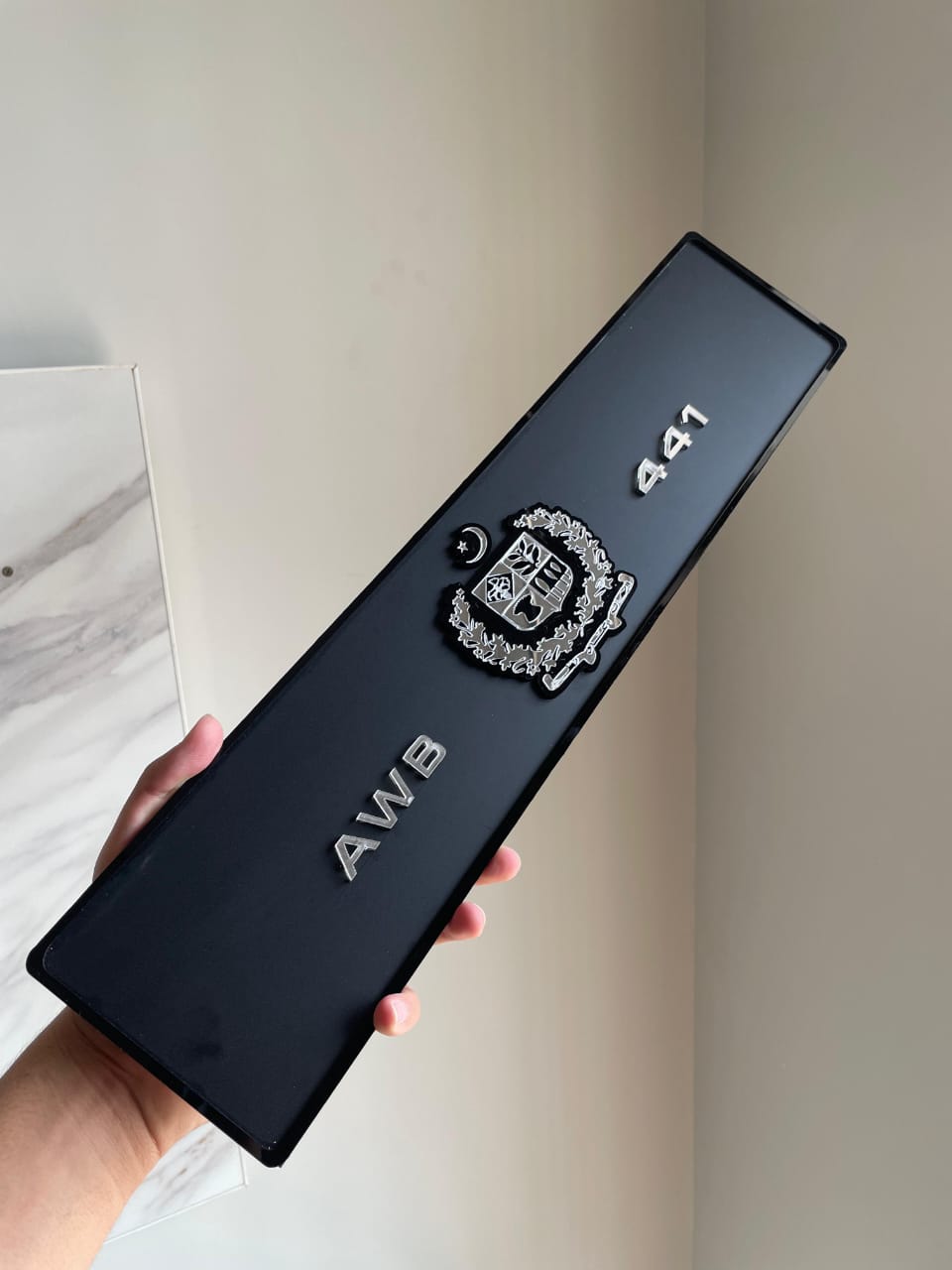 🖤 Premium Black Aura Number Plate with Chrome Emblem | Custom 3D Letters & Coat of Arms 🇵🇰